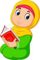 the beautiful girl with yellow veil is holding al quran vector