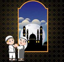 the two man are giving apologies to each other in front of the mosque vector