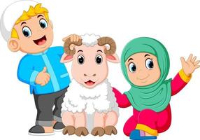 the girl and her father are holding the big white sheep vector