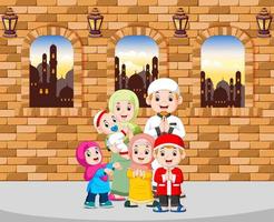 the family give the greeting of ied mubarak in their house vector