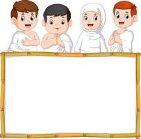 the four children are using the white cloth above the wooden banner vector