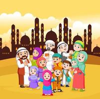 the muslim people are gathering in the city with the yellow sky vector