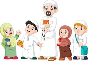 Happy moslem kid showing with holding holy quran vector