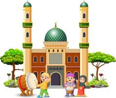 the children are playing with their music tool in front of the mosque vector