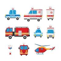 servicios de emergencia. ilustración vectorial de dibujos animados de ambulancia, coche de policía, camión de bomberos. vector