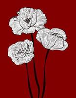 Stylish poster with poppies on red background. Graphic design. Postcard with flowers. Modern cartoon poster with white poppies on red background. Vector illustration