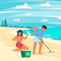 Man And Woman Collecting Trash On The Beach Concept vector