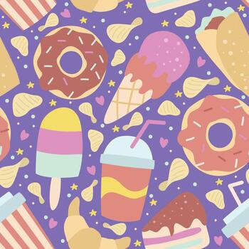 Junk Food Doodle Pastelle Colors Seamless Pattern Background vector