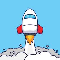 Spaceship with rocket taking off icon cartoon on blue background vector