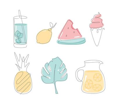 summer food one line set simple set of  drinks and fruits. outline gar with lemonade. Summer snacks in line art. Vector. linear watermelon vector