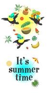 It's summer time. Bright summer vector illustration, postcard with funny toucans.