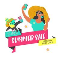 venta de verano. cartel de vector, ilustración. una niña y un tucán toman un selfie. vector