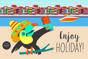 A cute toucan in a hat takes a selfie against the backdrop of Venice. Vector illustration.