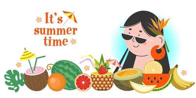 Summer vector horizontal banner, illustration with a happy girl and fresh fruit.