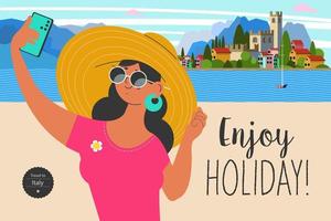 Travel on vacation and take selfies in the background of the sights. Enjoy holiday. Vector illustration.