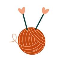 Ball of thread with knitting needles. Red wool yarn - mohair, merino with wooden needlework tools. Element hobby, homemade. Flat cartoon doodle. Hand drawn illustration vector