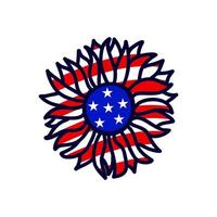 Sunflower color of american flag. Vector illustration. 4th of july, Independence day. Tamplate for t shirt print design, greeting card, sticker. Hand drawing flower. Stars and stripes