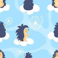 Seamless kids pattern with hedgehog and flying dandelion on sky clouds. Vectir children background. Template of wallpaper, fabric textile print, wrapping paper. vector