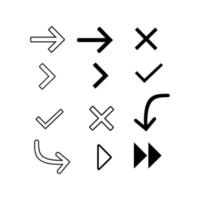 Arrows, check mark ,cross or x. Vector icon  with outline style and black color.