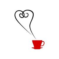 Coffee cup hot with hearts steam line icon black on white background. vector