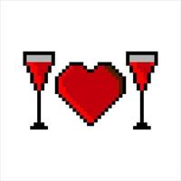 Two glasses of  wine and icon heart with pixel art. vector