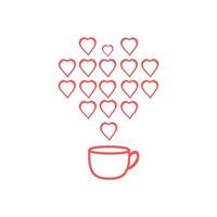 taza de café té caliente con corazones icono de línea de vapor rojo. vector
