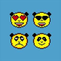 Emoji or panda emoticon face icon in pixel art. Vector illustration.