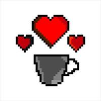 Coffee cup hot and steam heart  with pixel art. vector