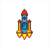 Rocket launch with pixel art. Vector illustration.