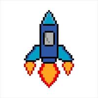 Rocket launch with pixel art. Vector illustration.