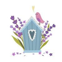 Lavender birdhouse and bird vector