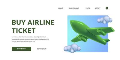 Traveling concept buy airplane ticket online with 3d cute green plane with cloud illustration concept vector
