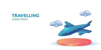 Time to travelling with 3d cute airplane and cylinder podium stage product display with cloud vector