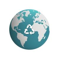 globo circular con símbolo de reciclaje de flecha triangular. guardar mundo reutilizar concepto de recursos icono de dibujos animados. signo de medio ambiente del planeta renovable. signo de reciclaje global de sostenibilidad. ilustración vectorial aislada.