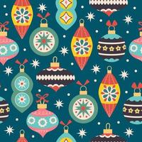 Christmas and Happy New Year seamless pattern with Christmas decorations. Vector illustration in trendy retro style. Well suited for printing textiles, fabric, gift paper.