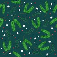 Christmas tree green branches, red berries in seamless pattern background. Fir,spruce design element for backdrop,wallpaper,wrap.