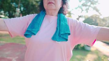 Senior female doing arms shoulder rotation warmup stretching exercise at the park, morning exercise routine, health care motivation after retirement life, with trees on background, overweight woman video