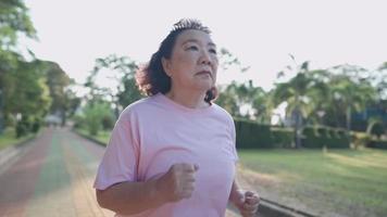 Aziatische senior vrouw die op zonnige dag in het park rent, slow motion, pensioen gezonde levensstijl activiteit, verzekering voor ouderenzorg, een zomers warm weer, ouderen en gezondheidszorg video