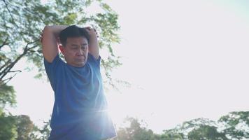 homem asiático esticando braços e ombros antes do exercício no parque ao ar livre, exercício de aquecimento matinal de ar fresco, motivação ativa para a vida de aposentadoria, alívio e vibração refrescante, controle de respiração video
