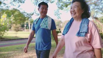 pareja de ancianos asiáticos caminando haciendo ejercicio en un parque público, vida de jubilación familiar saludable, familia pasando tiempo juntos, feliz pareja sonriente de mediana edad, actividades al aire libre en un día soleado video