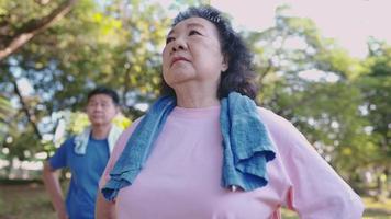 Group of Asian senior old people doing stretching warm up exercise inside public park, turning body flexibility, healthy retirement life, spending time together outdoor activities, vitality wellness video