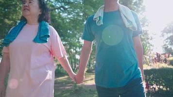 Asian middle age couple holding hands walking under trees inside public park, healthy retirement, family spending time together, enjoying life moment together supporting each other, outdoor activity video