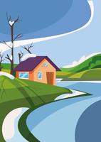 House on the lake in spring season. Nature landscape in portrait format. vector