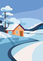 House on the lake in winter season. Nature landscape in portrait format. vector