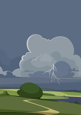 Landscape with thunderstorm. Natural scenery in portrait format.
