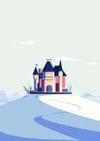 Castle on the hill in winter season. Landscape with medieval building in portrait format. vector