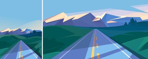 Highway leading to the mountains. Outdoor scene in different formats. vector