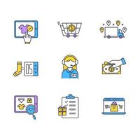E commerce color icons set. Online shopping. Searching, buying and ordering goods. Payment by credit card and cash. Internet shop, online store application. Isolated vector illustrations