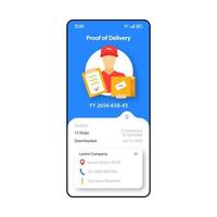 Proof of delivery smartphone interface vector template. Mobile app page blue and white design layout. Courier service screen. Flat UI for application. Parcel transportation. Phone display
