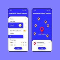 Alternative fueling stations smartphone interface vector template set. Mobile app page blue and white design layout. Gas station map screen. Flat UI for application. Navigator. Phone display